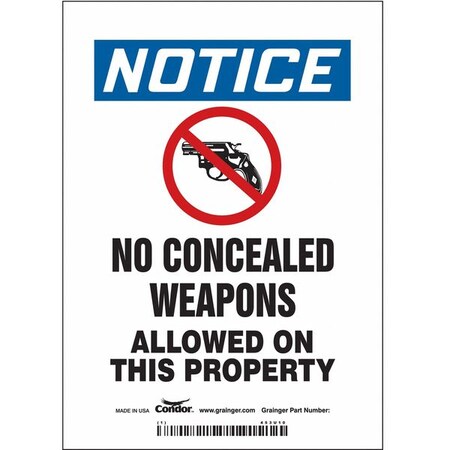 Condor No Concealed Weapons Sign, 7 in H, 5 in W, Vinyl, Vertical Rectangle, English, 453U10 453U10