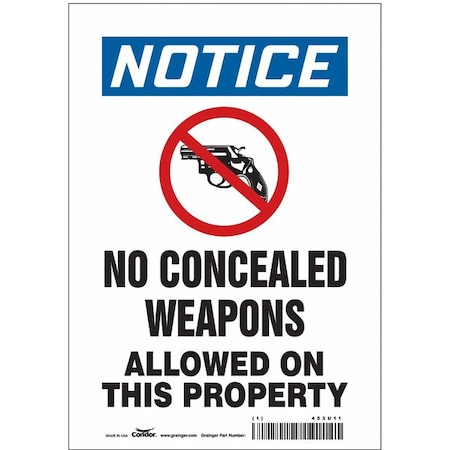 Condor No Concealed Weapons Sign, 10 in H, 7 in W, Vinyl, Horizontal Rectangle, English, 453U11 453U11