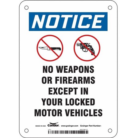 Condor No Concealed Weapons Sign, 7 in H, 5 in W, Aluminum, Vertical Rectangle, English, 453U17 453U17