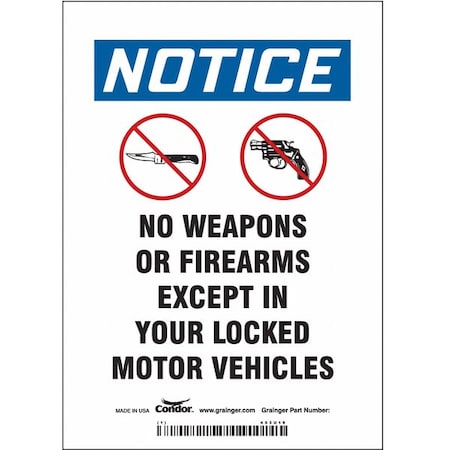 Condor No Concealed Weapons Sign, 7 in H, 5 in W, Vinyl, Vertical Rectangle, English, 453U19 453U19