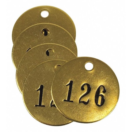 Zoro Select Numbered Tag, Brass, 1 1/2 in H x 1 1/2 in W, Yellow, Round, 25 PK 40028