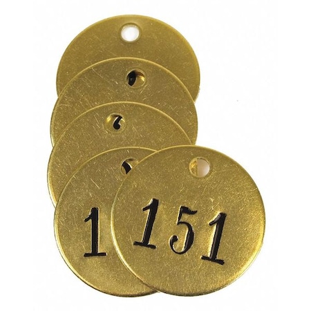 Zoro Select Numbered Tag, Brass, 1 1/2 in H x 1 1/2 in W, Yellow, Round, 25 PK 40029