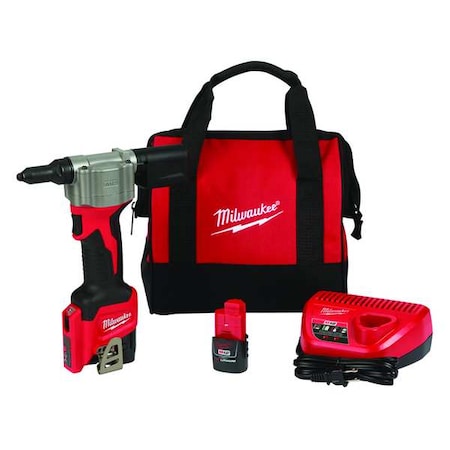 Milwaukee Tool M12 Rivet Tool, 1 1/2 in Stroke, 1/8 in Blind Rivet Diameter, Incl (2) 1.5 Ah Batteries, Soft Case 2550-22