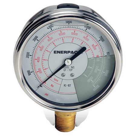 Enerpac Hydraulic Cylinder Pressure Gauge, 0 to 10,000 psi psi, 4 in Dial, 1/2 in NPTF, Bottom Location GF10P