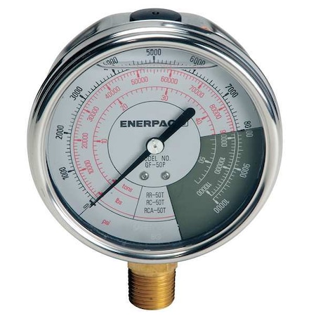 Enerpac Hydraulic Cylinder Pressure Gauge, 0 to 10,000 psi psi, 4 in Dial, 1/2 in NPTF, Bottom Location GF50P