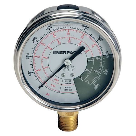 Enerpac Hydraulic Cylinder Pressure Gauge, 0 to 10,000 psi psi, 4 in Dial, 1/2 in NPTF, Bottom Location GF510P