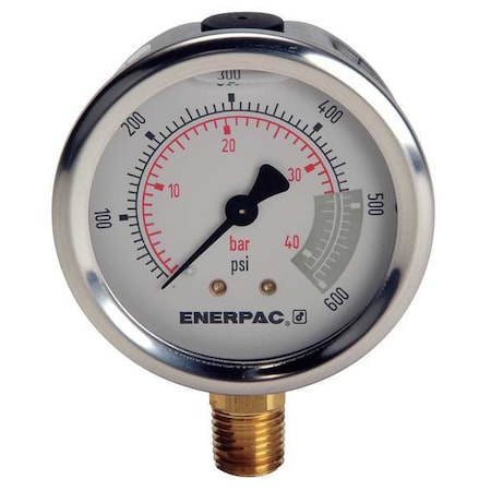 Enerpac Hydraulic Cylinder Pressure Gauge, 0 to 600 psi psi, 2 1/2 in Dial, 1/4 in NPTF, Bottom Location G2513L