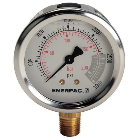 Enerpac Hydraulic Cylinder Pressure Gauge, 0 to 3,000 psi psi, 2 1/2 in Dial, 1/4 in NPTF, Bottom Location G2516L