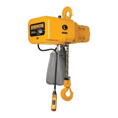 Harrington Electric Chain Hoist, 300 lb, 20 ft, Hook Mounted - No Trolley, 230V AC, Yellow NER000300S-20/230v
