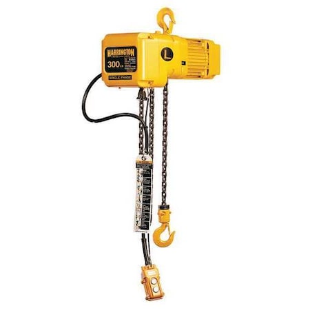 Harrington Electric Chain Hoist, 300 lb, 15 ft, Hook Mounted - No Trolley, 115V AC, Yellow SNER000300S-15/115v