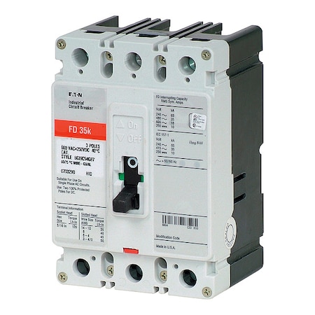 Eaton Molded Case Circuit Breaker, FD Series, 125A, 3 Pole, 600V AC, 65kA at 240/277V AC FD3125
