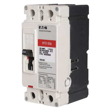 Eaton Molded Case Circuit Breaker, HFD Series, 20A, 2 Pole, 600V AC, 100kA at 240V AC HFD2020