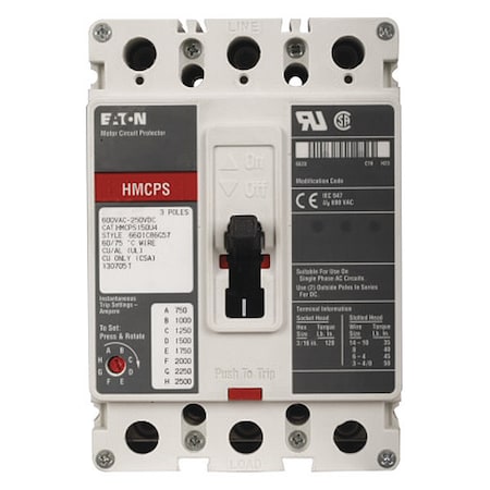 Eaton Molded Case Circuit Breaker, HMCP Series, 15A, 3 Pole, 600V AC, 65kA at 600V AC HMCPS015E0C