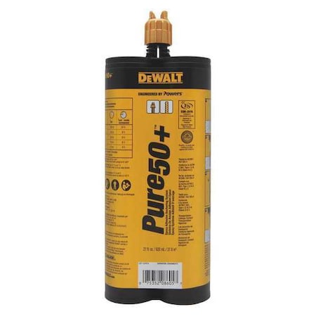 Dewalt Pure50+ Epoxy, 20.5 Oz Container Size Cartridge, Includes Mixing Nozzle 08605-PWR
