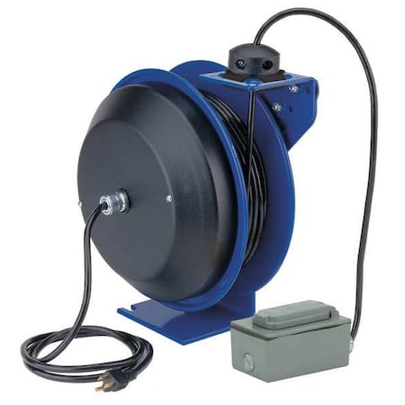 Coxreels Cord Reel With Hand Lamp, Spring Retracted, NEMA 5-20R, 12 AWG, Blue Reel Color, 50 ft Length PC13-5012-F