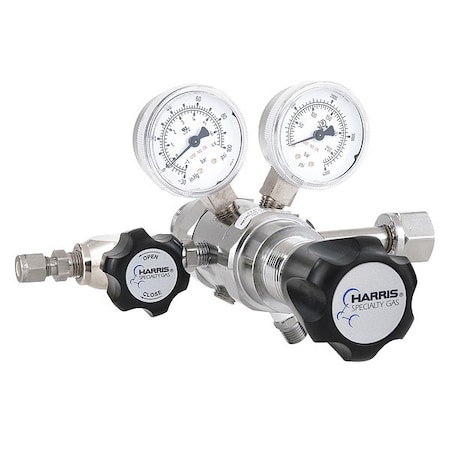 Harris High Purity Gas Regulator, Oxygen, Two Stage, 0.908"-14 Inlet, 1/4 in Outlet, 0 to 50 psi KH1095