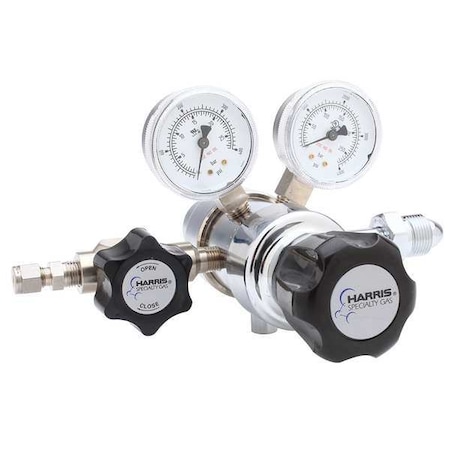 Harris High Purity Gas Regulator, Carbon Dioxide, Two Stage, 0.825"-14 Inlet, 1/4 in Outlet, 0 to 50 psi KH1053