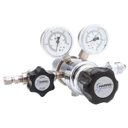 Harris High Purity Gas Regulator, Hydrogen, Methane, Two Stage, 0.825"-14 Inlet, 1/4 in Outlet KH1055