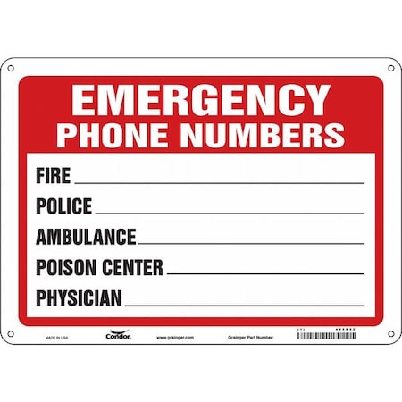 Condor Emergency Phone Numbers Sign, 14 in W x 10 in H, Horizontal Rectangle, Aluminum, 469D82 469D82