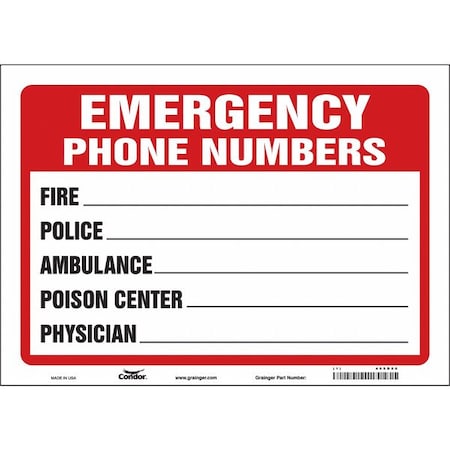 Condor Emergency Phone Numbers Sign, 14 in W x 10 in H, Horizontal Rectangle, Vinyl, 469D86 469D86