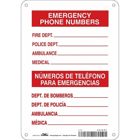 Condor Emergency Phone Numbers, Spanish-Bilingual, 7 in W x 10 in H, Rectangle, Polyethylene, 469D89 469D89