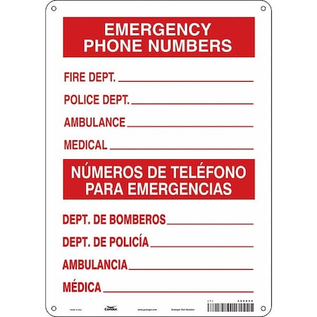 Condor Emergency Phone Numbers, Spanish-Bilingual, 10 in W x 14 in H, Rectangle, Polyethylene, 469D90 469D90