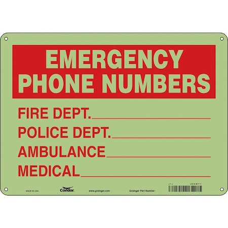 Condor EMERGENCY PHONE NUMBERS, FIRE DEPT., POLICE DEPT., AMBULANCE, MEDICAL, 14 in W x 10 in H, 469D71 469D71