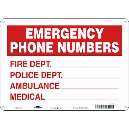 Condor EMERGENCY PHONE NUMBERS, FIRE DEPT., POLICE DEPT., AMBULANCE, MEDICAL, 14 in W x 10 in H, 469D73 469D73