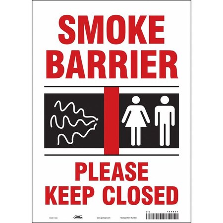Condor SAFETY SIGN FIRE AND EMERGENCY, Vinyl, 10 in W, 14 in H, SMOKE BARRIER PLEASE KEEP CLOSED, White 469D36