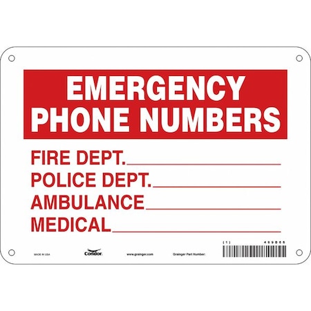 Condor EMERGENCY PHONE NUMBERS, FIRE DEPT., POLICE DEPT., AMBULANCE, MEDICAL, 10 in W x 7 in H, 469D66 469D66