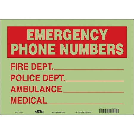 Condor EMERGENCY PHONE NUMBERS, FIRE DEPT., POLICE DEPT., AMBULANCE, MEDICAL, 14 in W x 10 in H, 469D69 469D69