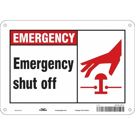 Condor EMERGENCY SHUT OFF, 10 in W x 7 in H, Vertical Rectangle, Aluminum, 469J84 469J84