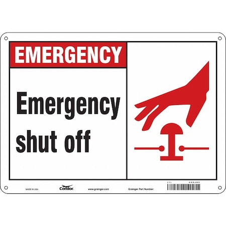 Condor EMERGENCY SHUT OFF, 14 in W x 10 in H, Horizontal Rectangle, Aluminum, 469J85 469J85