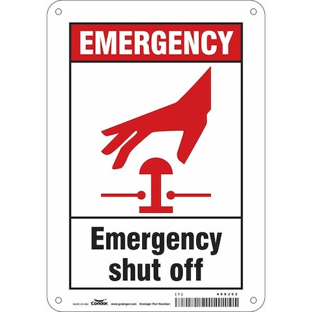 Condor EMERGENCY SHUT OFF, 7 in W x 10 in H, Horizontal Rectangle, Aluminum, 469J92 469J92