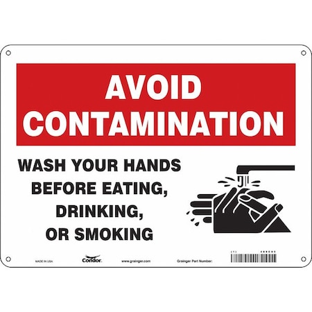 Condor Avoid Contamination, Wash Your Hands Before Eating., 14 in W x 10 in H, Aluminum, 469C95 469C95