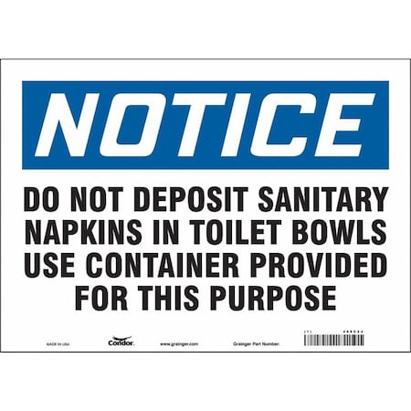 Condor Notice, DO NOT DEPOSIT SANITARY NAPKINS IN TOILET BOWLS.10 in H x 14 in W, Vinyl, Rectangle, 469C24 469C24