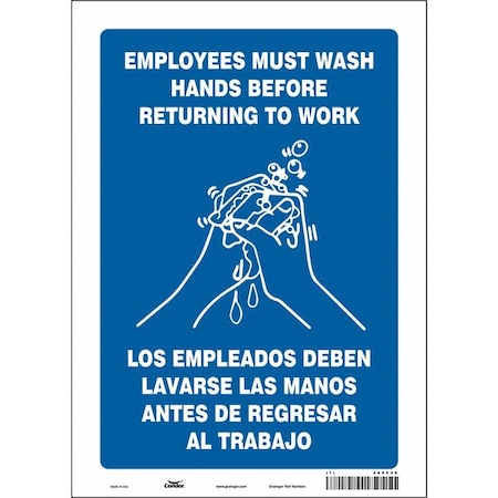 Condor Employees Must Wash Hands Before Returning To Work, 10 in W x 14 in H, Rectangle, Vinyl, 469C56 469C56