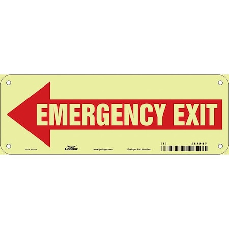 Condor Exit Sign, Plastic, 10" W, 3-1/2" H, EMERGENCY EXIT W/SYMBOL, Red 467P87