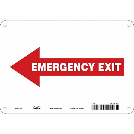 Condor Exit Sign, Plastic, 10" W, 7" H, EMERGENCY EXIT W/SYMBOL, Red 467P88