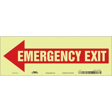 Condor Exit Sign, Vinyl, 10" W, 3-1/2" H, EMERGENCY EXIT W/SYMBOL, Red 467P89