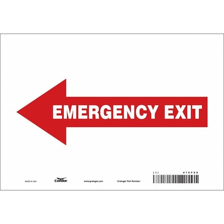 Condor Exit Sign, Vinyl, 10" W, 7" H, EMERGENCY EXIT W/SYMBOL, Red 467P90
