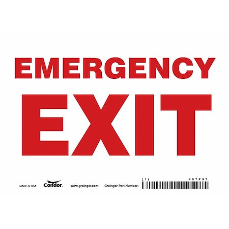 Condor Exit Sign, Vinyl, 7" W, 5" H, Emergency Exit, White 467P97