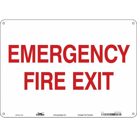 Condor Safety Sign Emergency Exit, Aluminum, 14 in W, 10 in H, EMERGENCY FIRE EXIT, White 467P24