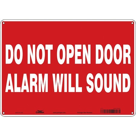 Condor Safety Sign Emergency Exit, Glow Vinyl, 14 in W, 10 in H, DO NOT OPEN DOOR ALARM WILL SOUND 467P60