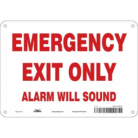 Condor Exit Sign, Plastic, 10" W, 7" H, Emergency Exit Only Alarm Will Sound, White 467R88