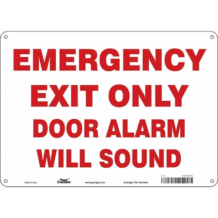Condor Exit Sign, Aluminum, 14" W, 10" H, Emergency Exit Only Door Alarm Will Sound, White 467R74