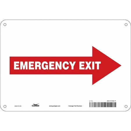 Condor Exit Sign, Plastic, 10" W, 7" H, EMERGENCY EXIT W/SYMBOL, Red 467R07
