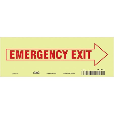 Condor Exit Sign, Vinyl, 10" W, 3-1/2" H, EMERGENCY EXIT W/SYMBOL, White 467R12