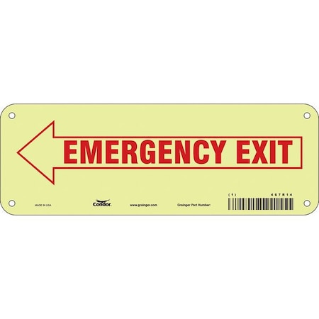 Condor Exit Sign, Plastic, 10" W, 3-1/2" H, EMERGENCY EXIT W/SYMBOL, White 467R14
