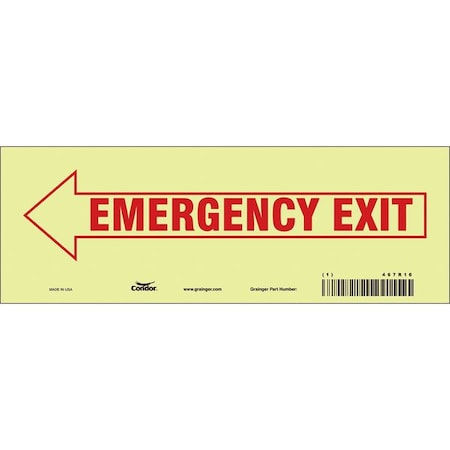 Condor Exit Sign, Vinyl, 10" W, 3-1/2" H, EMERGENCY EXIT W/SYMBOL, White 467R16